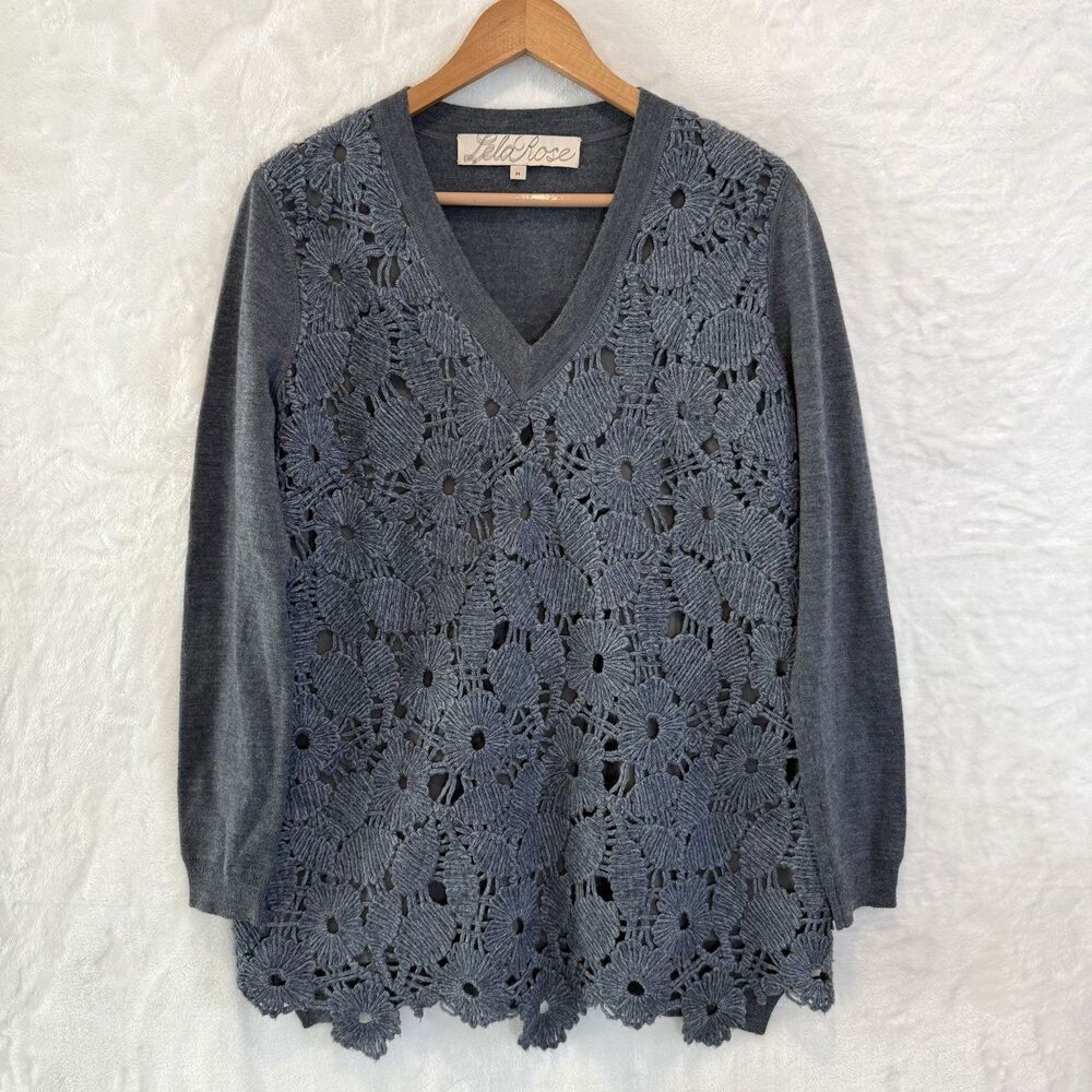 Lela Rose Sweater Merino Wool Blue Gray Floral Knit Lace V-Neck Crochet M